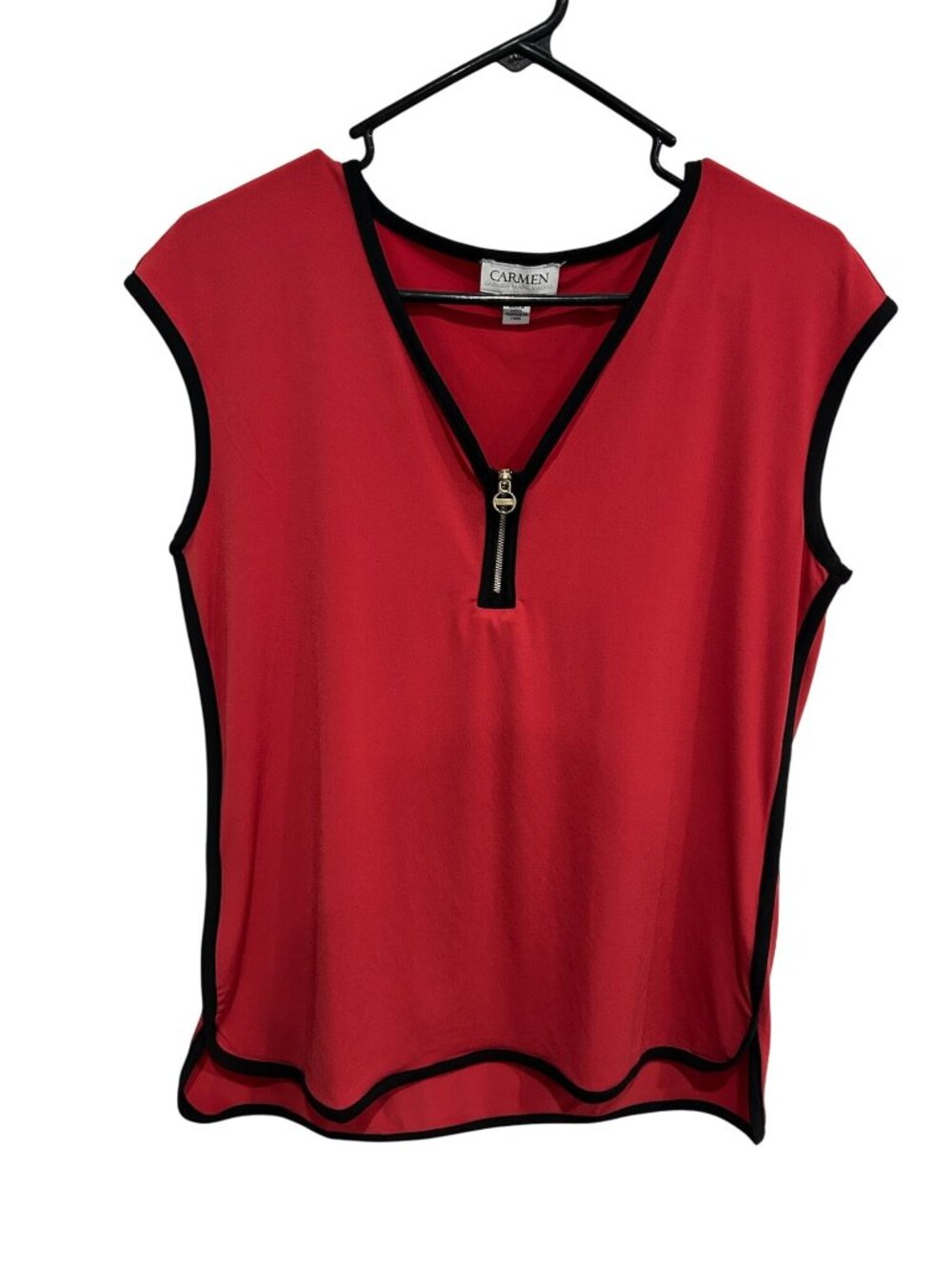 Carmen Marc Valvo Red Sleeveless 1/4 Zip Detail Black Trim Top Size Medium Chic
